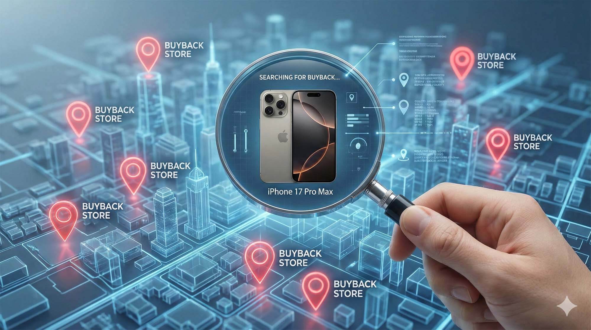 搜尋引擎概念圖，地圖上標示出高價手機收購熱點，聚焦 iPhone 17 / Search engine concept art, highlighting high-price mobile buyback hotspots on a map, focusing on iPhone 17.